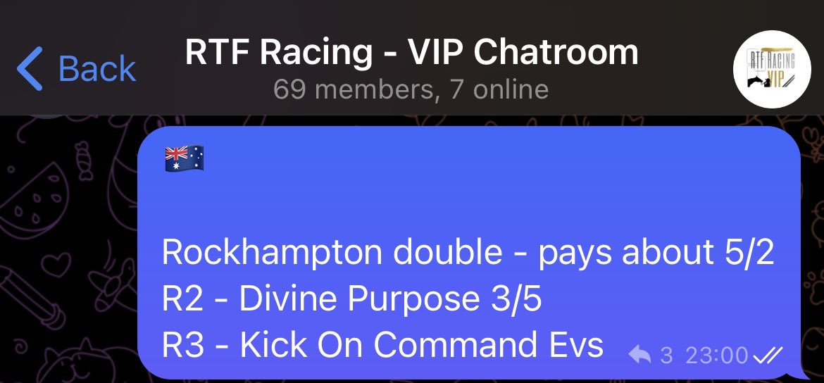 RTF_Racing's tweet photo. Great start to the day with our chatroom 🇦🇺 double winning at > 2/1.

(Not posted officially due to NR’s).

We did invite 3 people earlier in the week when we said we would, they haven’t responded sadly.

Give this tweet a ❤️ if you would like an invite to the RTF Inner Circle 🤞🏼 https://t.co/Jc7Fv0n4Uy