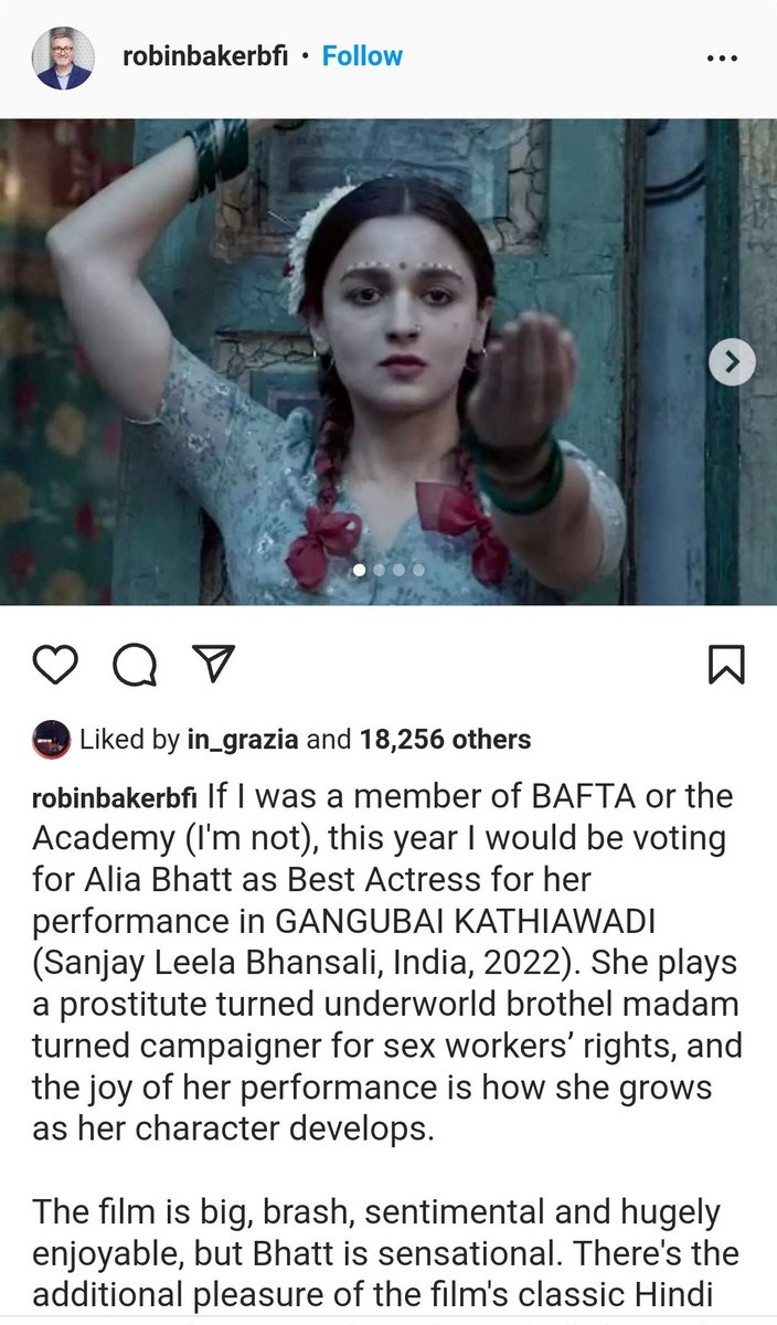 Kalki20201's tweet photo. #AliaBhatt gets a shoutout from #RobinBaker - head curator at the British Film Institute for #GangubaiKathiawadi on his Instagram. I agree with his view of the film and Alia Bhatt. Her growth as an artist is amazing. The film is streaming on #Netflix now. https://t.co/LClKgqNDHl
