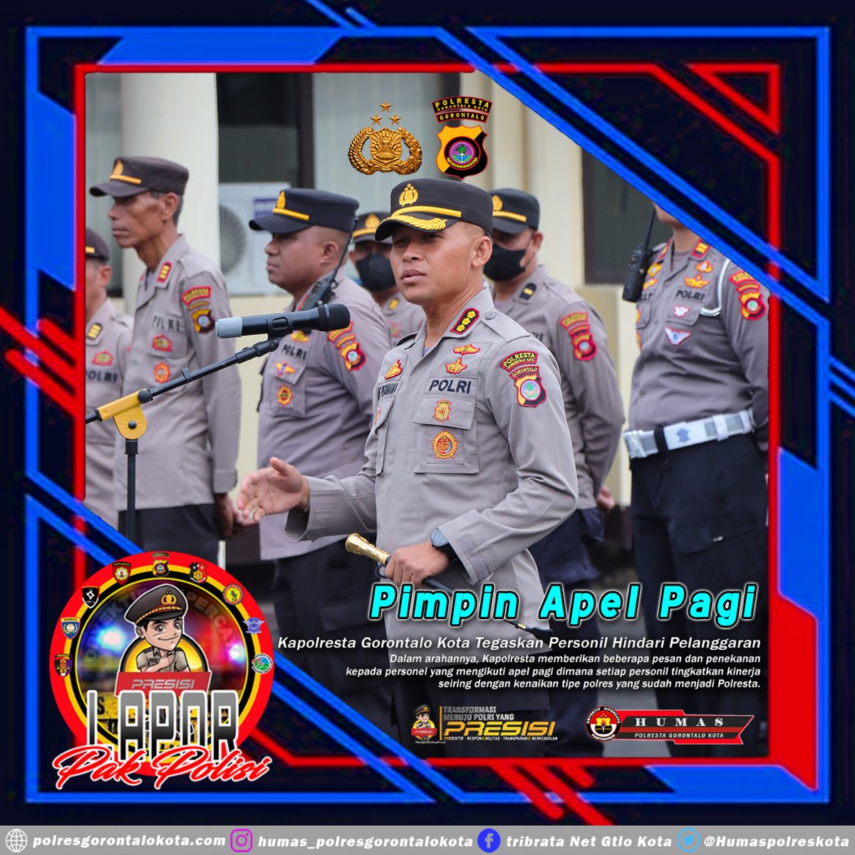Ilham13543768's tweet photo. Pimpin Apel Pagi Kapolresta Gorontalo Kota Tegaskan Personil Hindari Pelanggaran
#polrestagorontalokota #humaspolrestagorontalokota #apelpagi https://t.co/VqFF9RNjZ0
