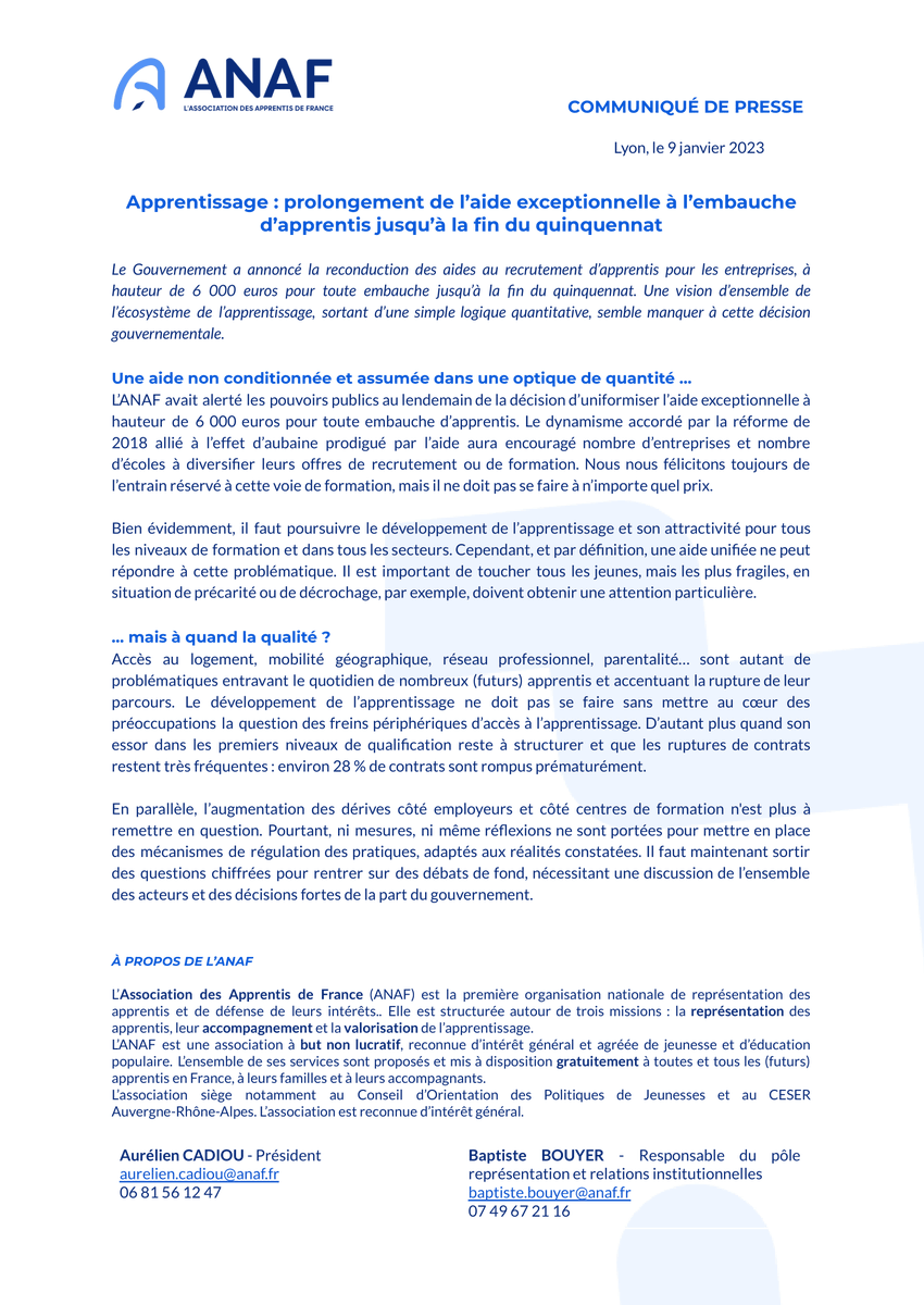 📢Annonce du prolongement de l'aide unique jusqu'à la fin du quinquennat. 
L'ANAF encourage le développement de l’#apprentissage pour tous les niveaux de #formation et secteurs. Cependant il est important de toucher tous les #jeunes et de sortir d'une simple logique quantitative
