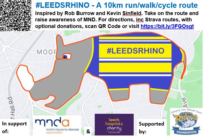 Near Leeds & taking on #NHS1000miles? Need some route ideas? What about #LeedsRhino? Directions are at bit.ly/3FGOsgt. Donations are optional and will support @mndassoc & @LDShospcharity to build @Rob7Burrow centre for MND, provide care & research potential treatments 🦏