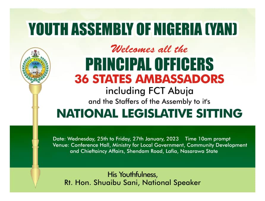 YANKOGI2018's tweet photo. NOTIFICATION/INVITATION TO PRINCIPAL OFFICERS AND STATES AMBASSADORS OF YOUTH ASSEMBLY OF NIGERIA 

Compliment of the season to all the Principal Officers and States Ambassadors of the 3rd Assembly. https://t.co/kl1tU27BM7