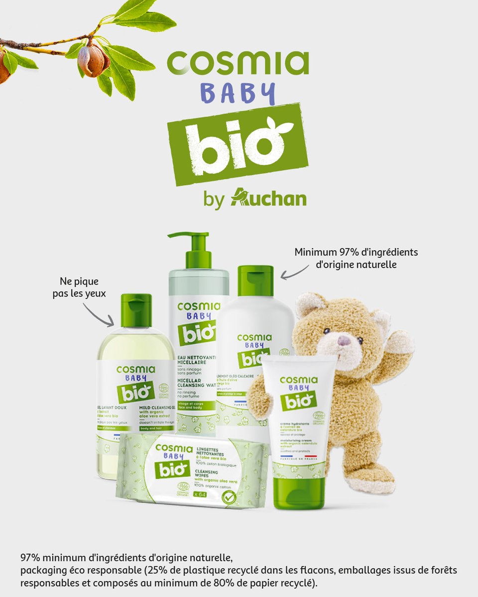 Cosmia Baby Bio ? C’est une gamme naturelle et de qualité, parfaite pour la peau fragile de bébé !

Les produits sont composés d’ingrédients d'origine naturelle, et fabriqués dans des packagings éco-responsables 🙏

#Auchan #Cosmia #Bébé