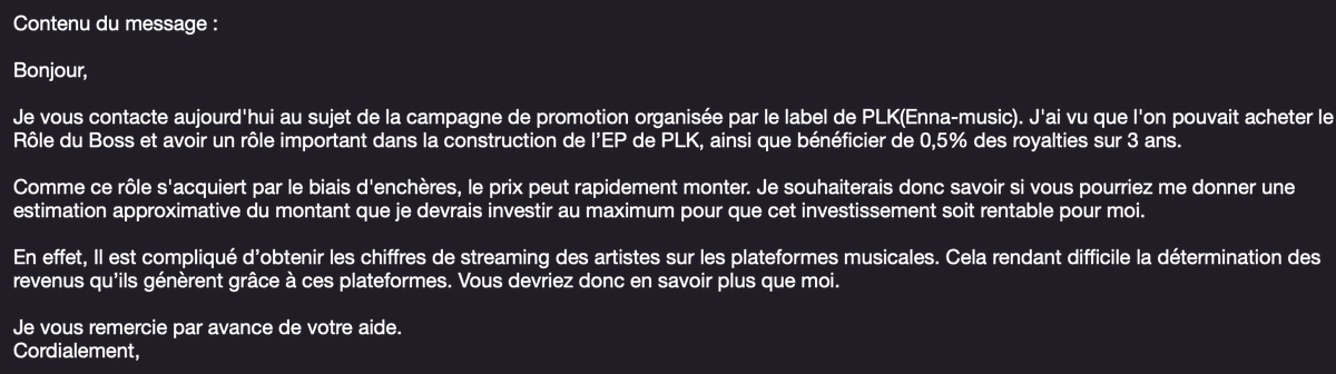 Florian135_'s tweet photo. [THREAD] COMBIEN INVESTIR SUR PLK ? 💰📈

@PLK75 lance un EP collaboratif où les fans peuvent acheter un "poste" (DA, RP,..)

Il y a 10 "Boss" aux enchères pour toucher chacun 0,5% des revenus du projet

On nous a demandé la valeur estimée du "Boss", on va essayer d'y répondre ! https://t.co/oGJLJumAQe