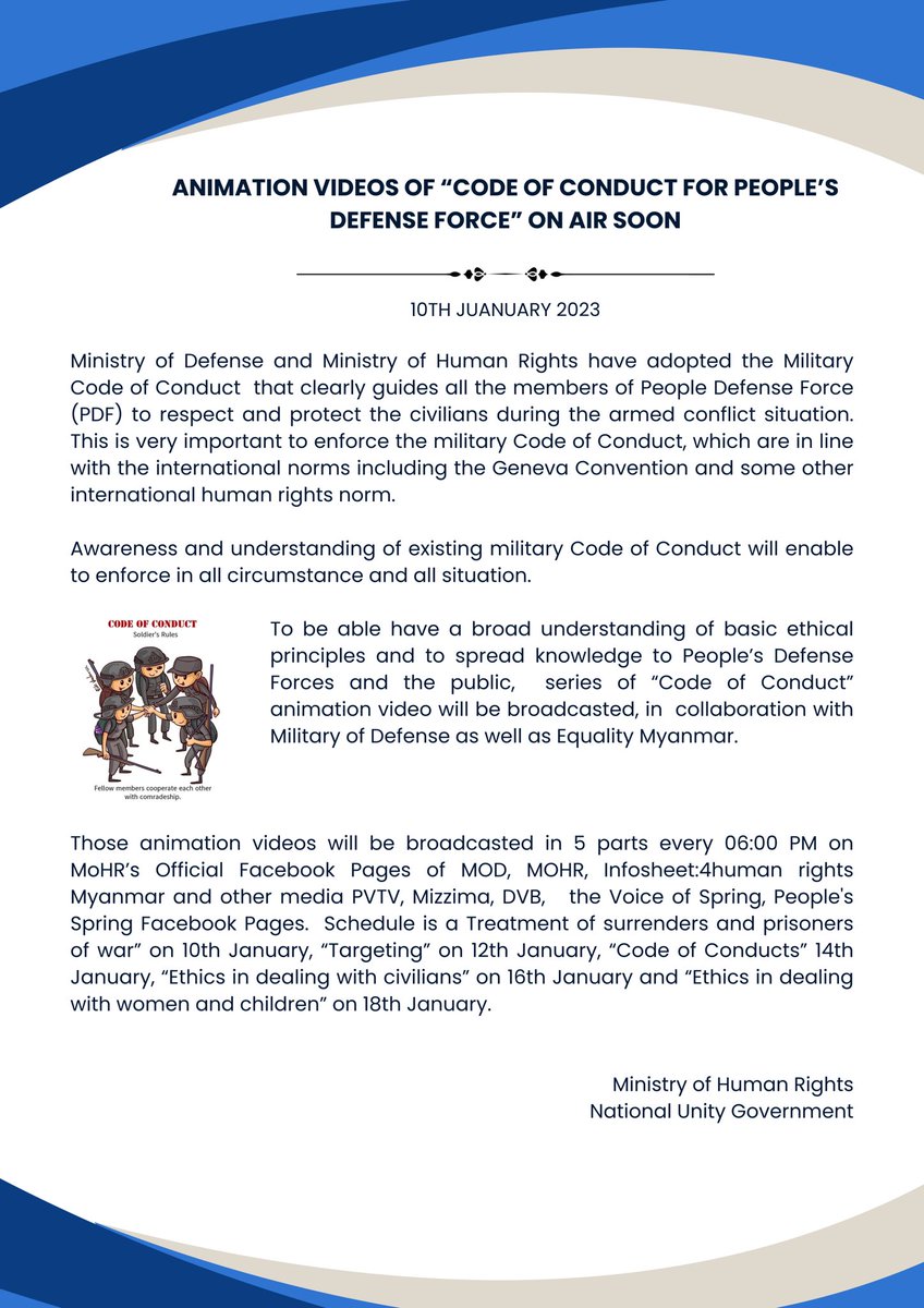 mohr_nug's tweet photo. @mohr_nug will air animation video of #CoC for People’s Defense Force in collaboration with @mod_nug and EQMM, clearly guides #PDFs in #Myanmar to respect and protect the civilians and also to follow the international norms including Geneva Convention during armed conflicts https://t.co/jJjj8QuSIs