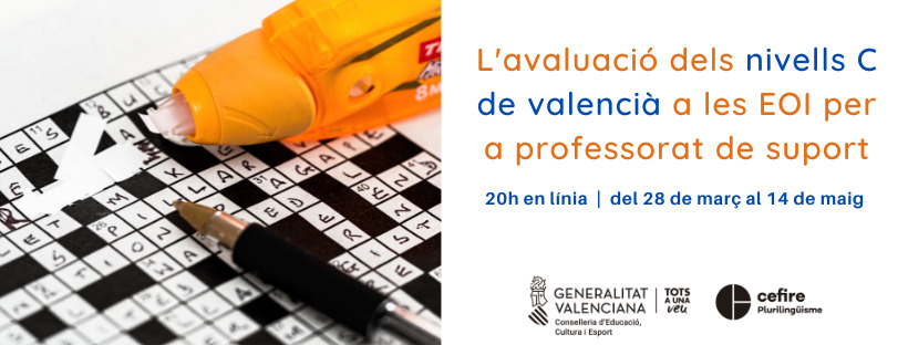 ➡️ Obert el termini per al curs "L’avaluació dels nivells C de valencià a les EOI per a professorat de suport" 
⏱️ 20 hores
🗓️Inscripcions fins al 8 de març. 
📆Realització del 28 de març al 9 de maig. 
🖥️ En línia
ℹ️ i 🔗 a: cefire.edu.gva.es/sfp/index.php?…
<a href="/GVA_Cefire/">Formació, Innovació i Recursos per al Professorat</a> <a href="/GVAeducacio/">GVA Educació</a>