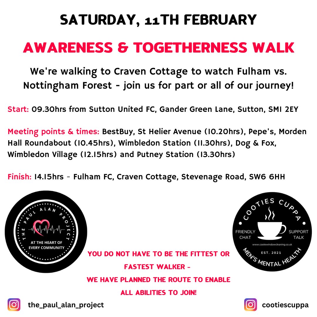 The Paul Alan Project (@paulalanproject) on Twitter photo We're walking to <a href="/FulhamFC/">Fulham Football Club</a> from <a href="/suttonunited/">Sutton United</a> on 11th February. It's about 8.5miles & we invite you to join us for part or the whole journey! We're walking to raise awareness of our Project & Men's Mental Health Support Group, Cooties Cuppa, run by <a href="/scooteronnie/">Simon</a> 🤍
#Sutton #walk We're walking to <a href="/FulhamFC/">Fulham Football Club</a> from <a href="/suttonunited/">Sutton United</a> on 11th February. It's about 8.5miles & we invite you to join us for part or the whole journey! We're walking to raise awareness of our Project & Men's Mental Health Support Group, Cooties Cuppa, run by <a href="/scooteronnie/">Simon</a> 🤍
#Sutton #walk