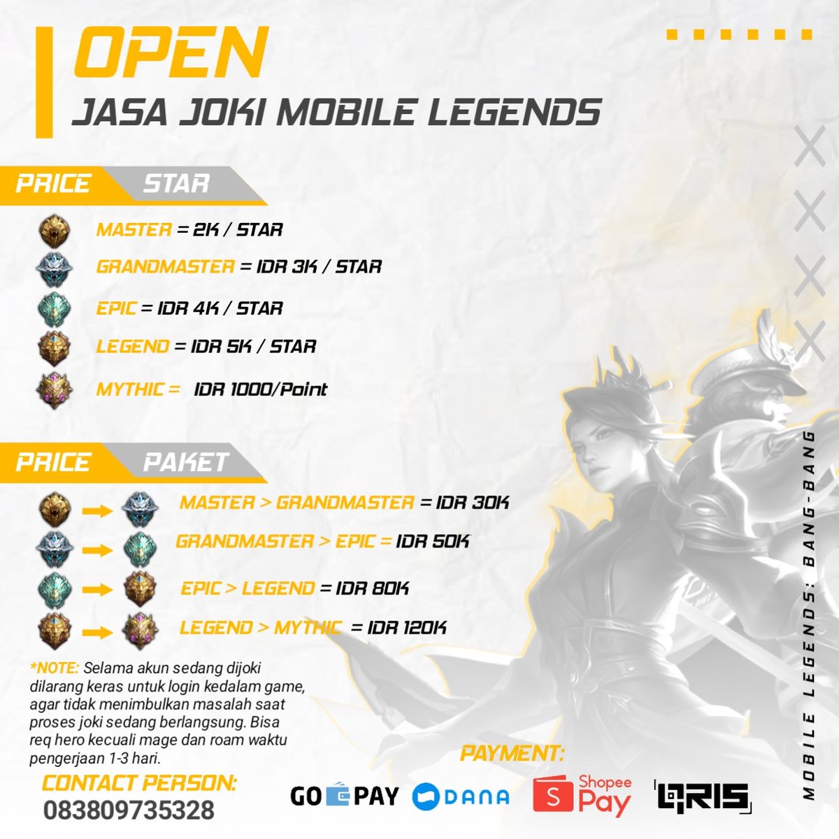 crusyncx's tweet image. New update price list joki mlbb