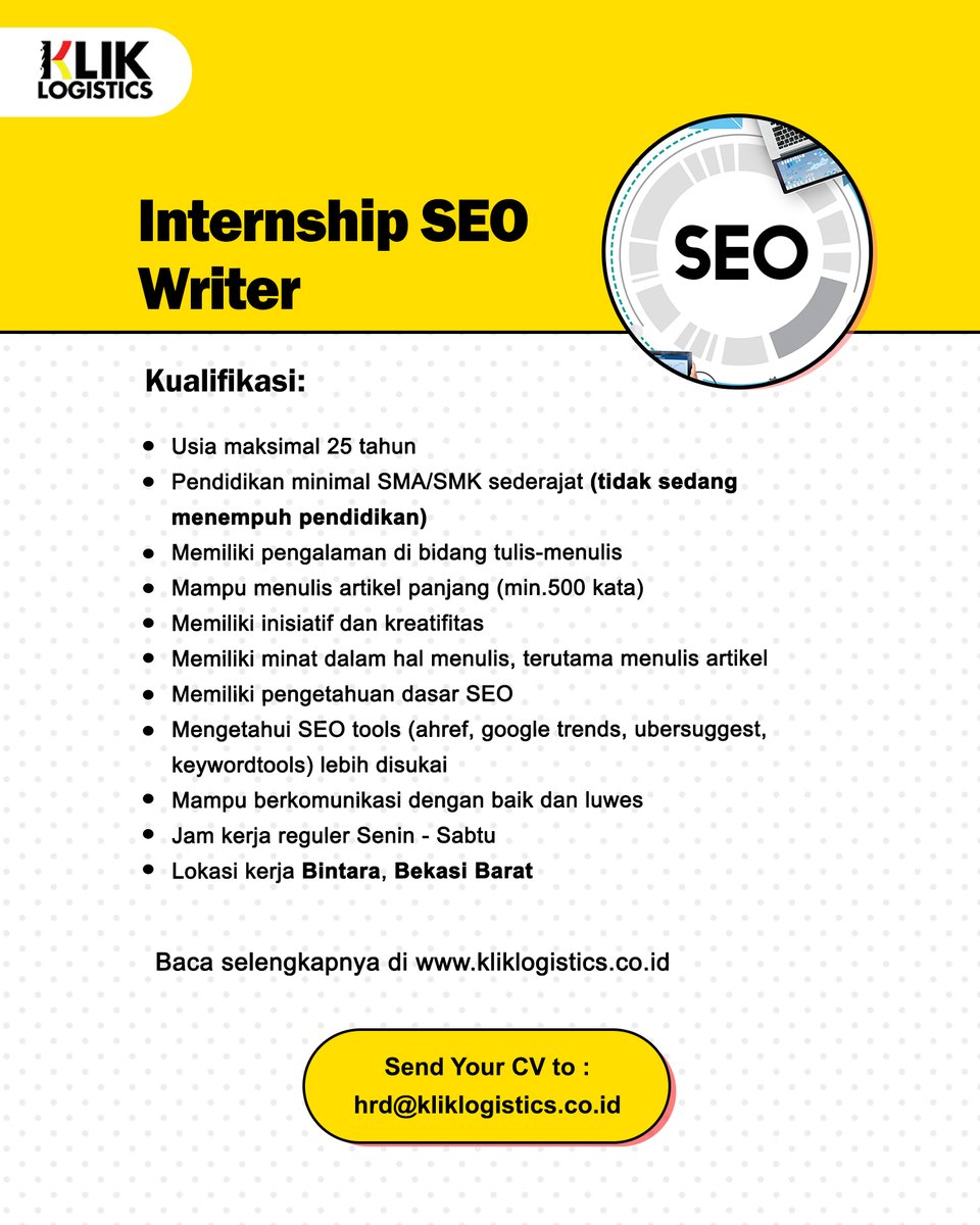 Hai Saat ini PT Klik Logistics Putera Harmas sedang mencari kandidat berikut. Ayo segera kirimkan CV terbaikmu ke email: hrd@kliklogistics.co.id subjek sesuai posisi yang dilamar.

#LokerPam #lokercot #lokerinternship #lokermagang
<a href="/hrdbacot/">HRD BACOT</a>

<a href="/LokerBekasiID/">Loker Bekasi</a>