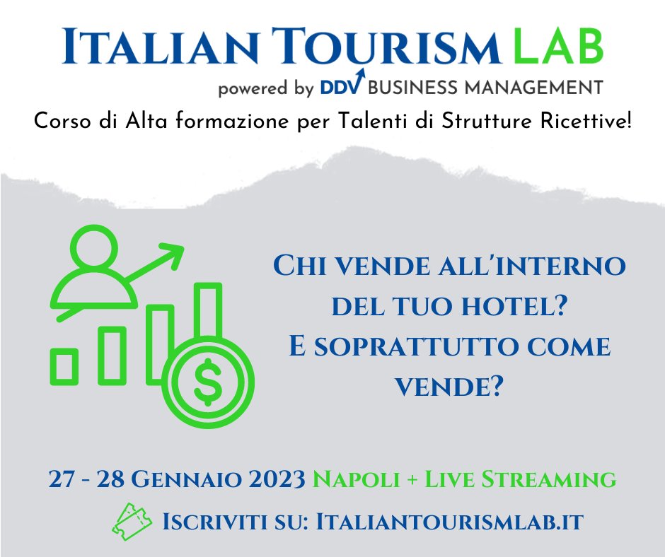devannadomenico's tweet image. 👨‍💼 Chi vende all'interno del tuo Hotel? Ma soprattutto come vende?
👨‍🏫 Vieni all'Italian Tourism Lab per scoprire chi sono i responsabili delle tue vendite in Hotel e come perfezionare i processi che portano all'acquisto di un servizio.
🎫 Iscriviti qui 👉 italiantourismlab.it