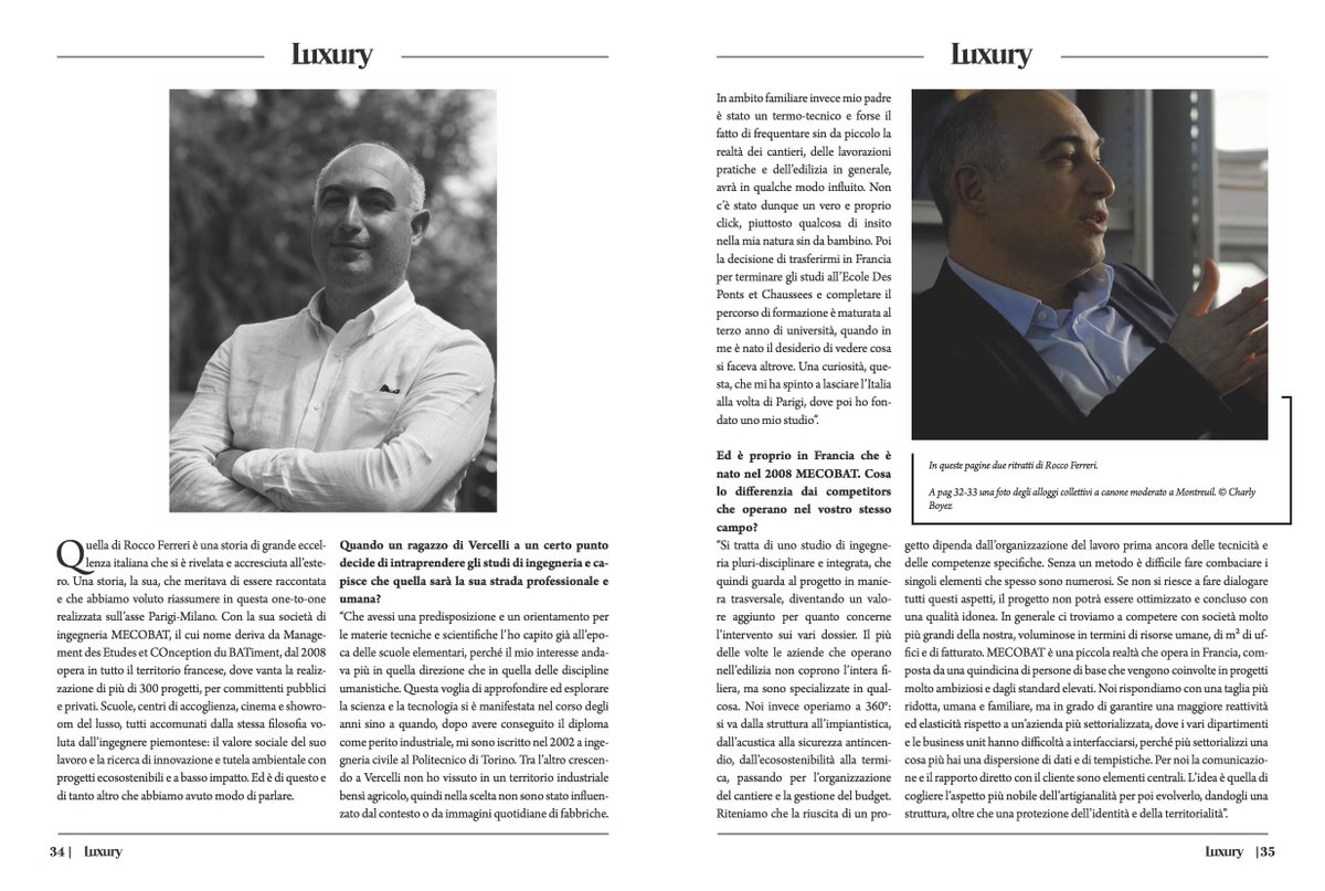 Nel primo numero del 2023 di #LuxuryMagazine potrete trovare la mia intervista all'ingegnere piemontese <a href="/RoccoFerreri/">Ferreri Rocco</a>, fondatore della società <a href="/MECOBAT_PIQ/">MECOBAT Ingénierie/Progettazione Integrata Qualità</a>  Il resto lo potete trovare sul magazine disponibile su luxuryacademy.online/shopriviste