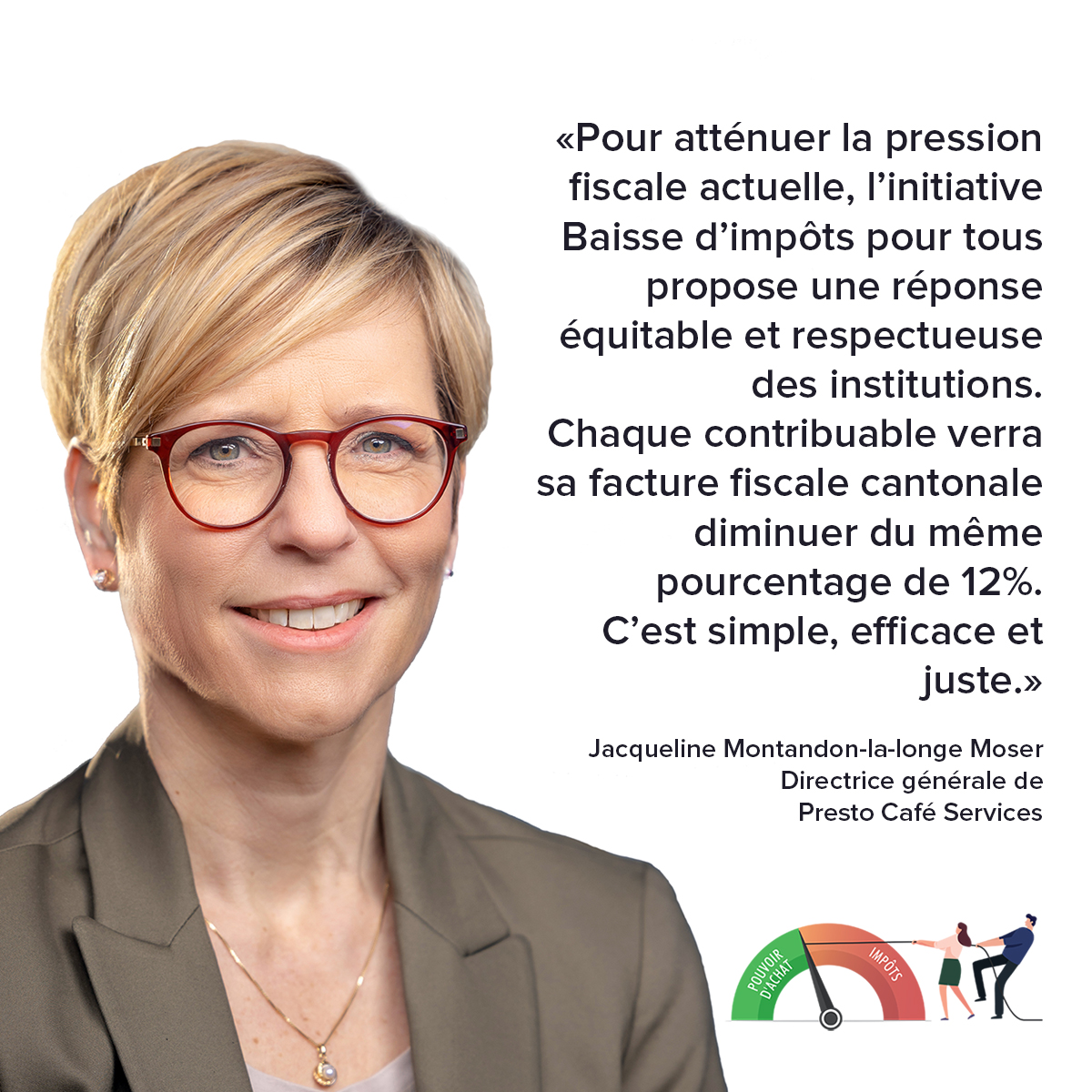 Jacqueline Montandon-la-longe Moser, directrice générale de Presto café services, soutient notre initiative. Vous aussi, signez et rejoignez notre comité de soutien directement sur baisse-impots.ch !

#Fiscalite #Initiative #Vaud