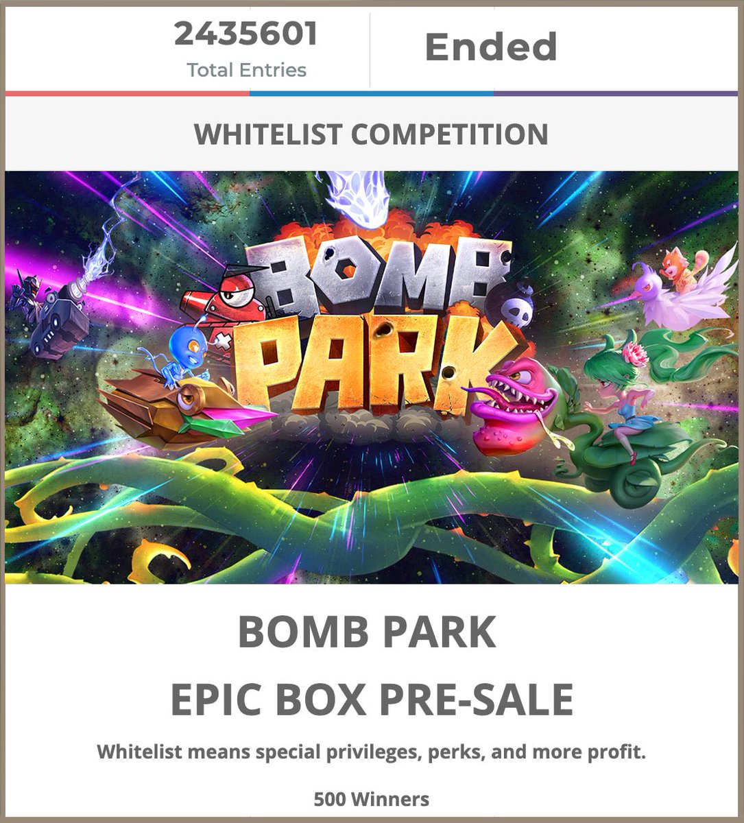 Congratulations Bombers!

🔥Here's the top 500 members who WON Bomb Park Whitelist spots. 
t.me/BombPark/12

🤑All who joined will get 3 FREE Space Tickets &amp; 500 Whitelist Spot Holders will enjoy special privileges.

💣Get your Epic Boxes Today at
BombPark.Space