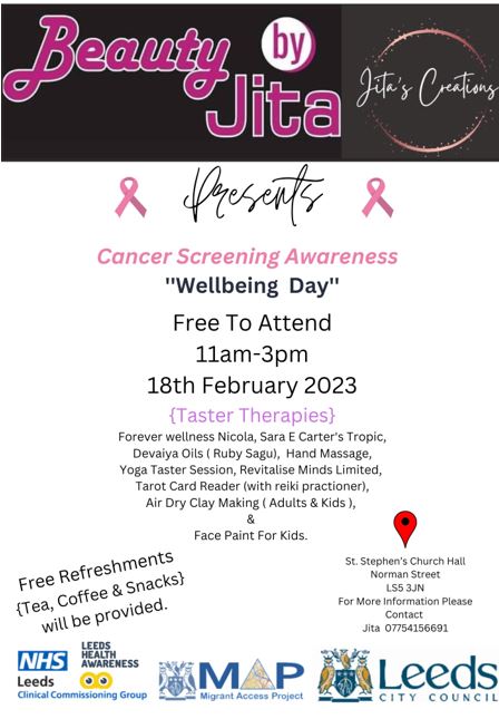 ☕️Fancy a bit of weekend pampering? 💅 Meet Jita on 18th February and take advantage of some taster therapies for Cancer Screening awareness.  💕 @kirkstallonline @KirkstallAbbey @KirkstallArt @LinkingLeeds