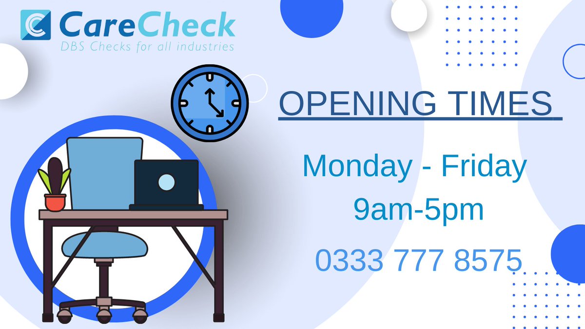 dbs_checks's tweet photo. Please note our normal office hours have now resumed.
We are available 9am-5pm via telephone, email or on our online chat system via our website.
https://t.co/oRlK4rYfkR
#dbs #dbschecks #carecheck #socialmediachecks #digitalid #righttoworkchecks #socialmedia https://t.co/aHbvX4W5B3