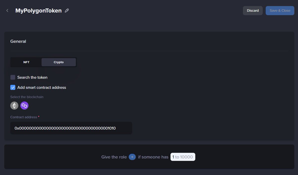 MEE6NFT's tweet image. Our #web3 #gating feature now supports #Polygon-based crypto(soon NFTs too) and has a Smart Contract address feature that allows for the use of direct contract addresses. Plus, any search displays the platform of the token. Join us to explore new possibilities! #MEE6 #crypto #NFT