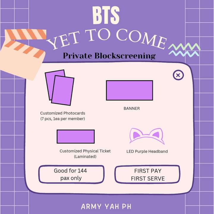 btsarmyyahph's tweet photo. BTS Yet To Come in Cinemas [Private Block Screening]

‼️All the attendees are eligible for Giveaway Raffle of Official Merch ‼️

When: February 4, 2023
Where: SM Mall of Asia - Cinema 5 
Time: 5:30PM https://t.co/MH9AxTAcxR