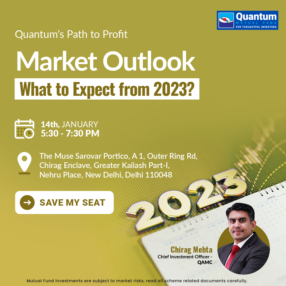 Quantum_MF's tweet photo. Chalo #Delhi! #PathtoProfit back in capital city.
Join @ChiragMehta44 our CIO face to face on the topic - ‘Market Outlook - What to Expect from 2023’ on January 14th in Greater Kailash at 5.30pm.
Limited Seats, Book now >> https://t.co/dfMp0IzncM
#QuantumMutualFund #Markets https://t.co/Bh56Aqs46x