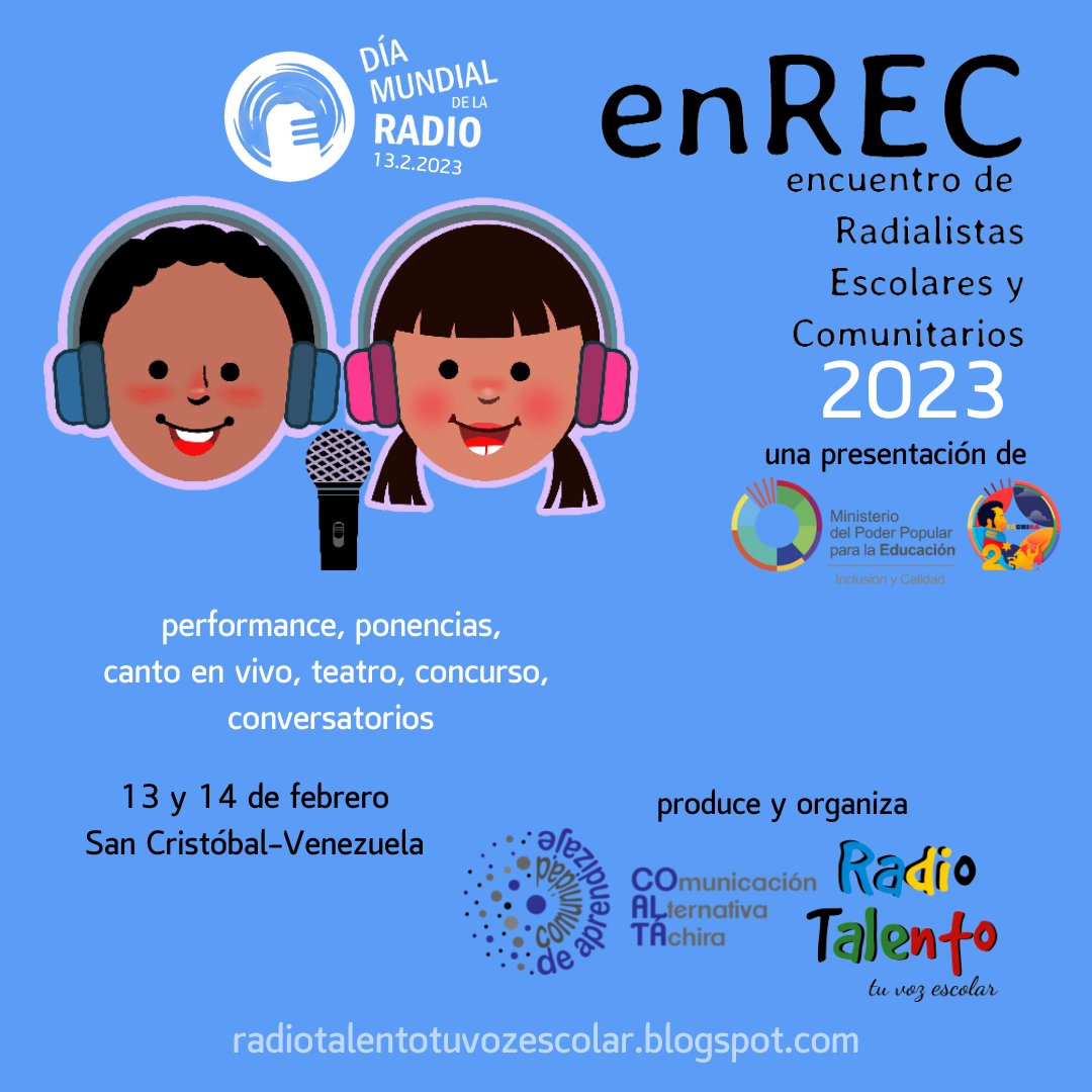 #Táchira celebrará el #DíaMundialDeLaRadio 13 y 14 #Feb con el 4to Encuentro de Radialistas Escolares y Comunitarios #enREC2023 

@MPPEDUCACION <a href="/_LaAvanzadora/">Yelitze Santaella</a> <a href="/NicolasMaduro/">Nicolás Maduro</a> @ZonaEducTachira <a href="/Berzabethg1/">Berzabethgandicaoficial</a> <a href="/CatirrusiaV/">catirrusia_V</a>  <a href="/macomunitarios/">Medios Alternativos y Comunitarios</a> 

#10Enero
#JuntosPorLaPatria 
#RadioTalento