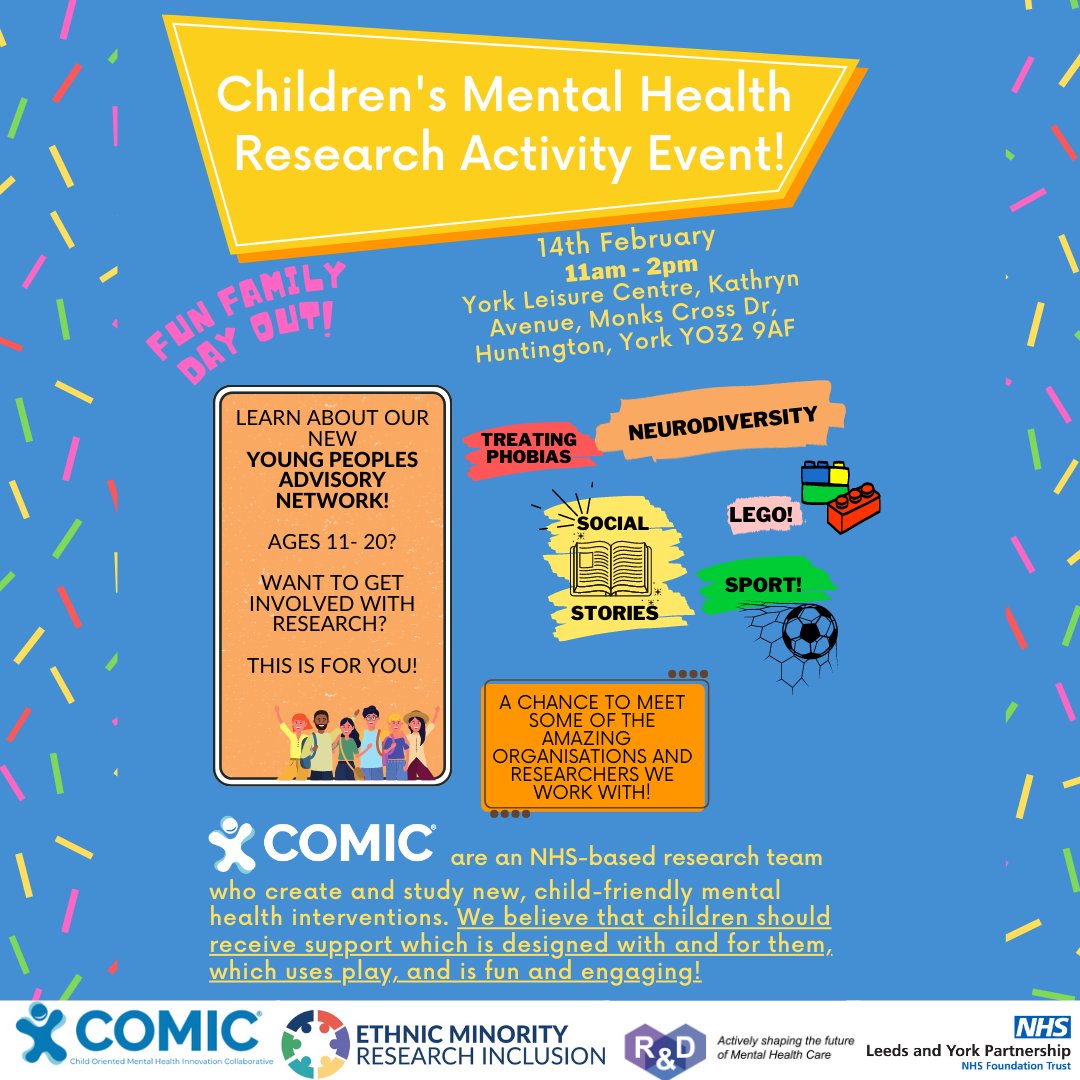 COMIC is hosting an activities day on the 14th of February between 11am -2pm at York Leisure Centre!

Come down and take part in some of the fun research filled activities we have for you! 😊

#research #youngpeople #comic #nhs #activitiesday