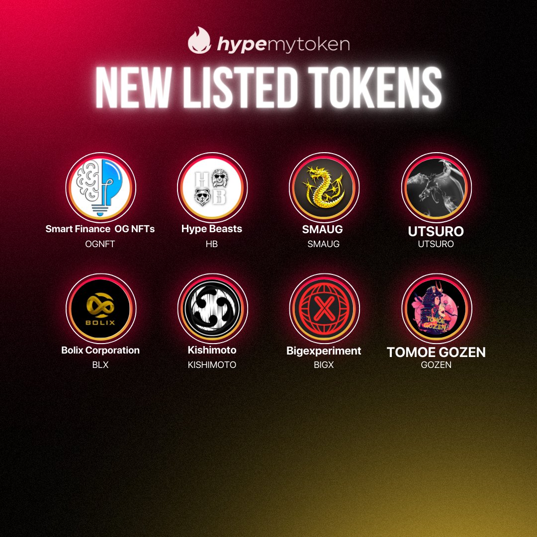 HypeMyToken's tweet photo. NEW LISTED TOKENS ON #HYPEMYTOKEN🔥

👉These tokens have recently acquired the Listed status!

@SmartFinanceDex
@HypeBeast_NFT
@smaugtoken
$UTSURO
@bolixtoken
@KishimotoDojo
@BigX_Official
@TomoeGozenERC

🤔Will they keep their Listed status?
https://t.co/xKVC0GrF2D https://t.co/jrHAJjCy1b