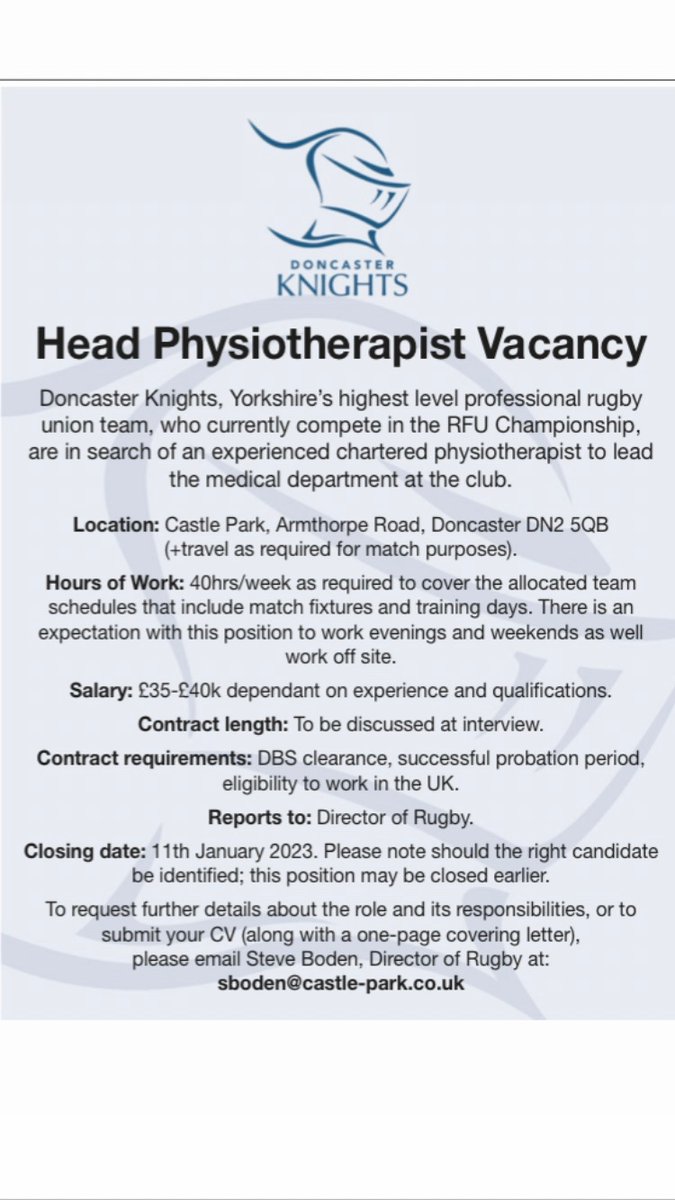 𝙅𝙤𝙗 𝙑𝙖𝙘𝙖𝙣𝙘𝙮 📣

Doncaster Knights are currently looking to recruit a Head Physiotherapist. 

Please see below for details or contact Director of Rugby, Steve Boden, for more information.