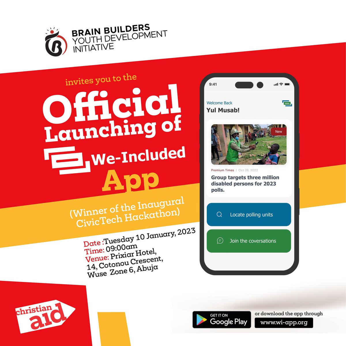 yvotenaija's tweet photo. The 'WI-Included' App launches today and
The winner of the inaugural @BrainBuilders01 #CivicTechHack gets to show off this Gamechanging Civic Application. 💯
The #WIApp seeks to monitor, report and foster youth and women participation in the political sphere. 💯
#VoteRight https://t.co/JEOQwptFCx