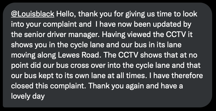 Louisblack's tweet photo. @TomBoyNI @citycyclists This was the response from @BrightonHoveBus when I complained about a bus close passing me on a road just like this. A narrow painted bike lane just encourages bad overtaking. https://t.co/AbdH8HeS15