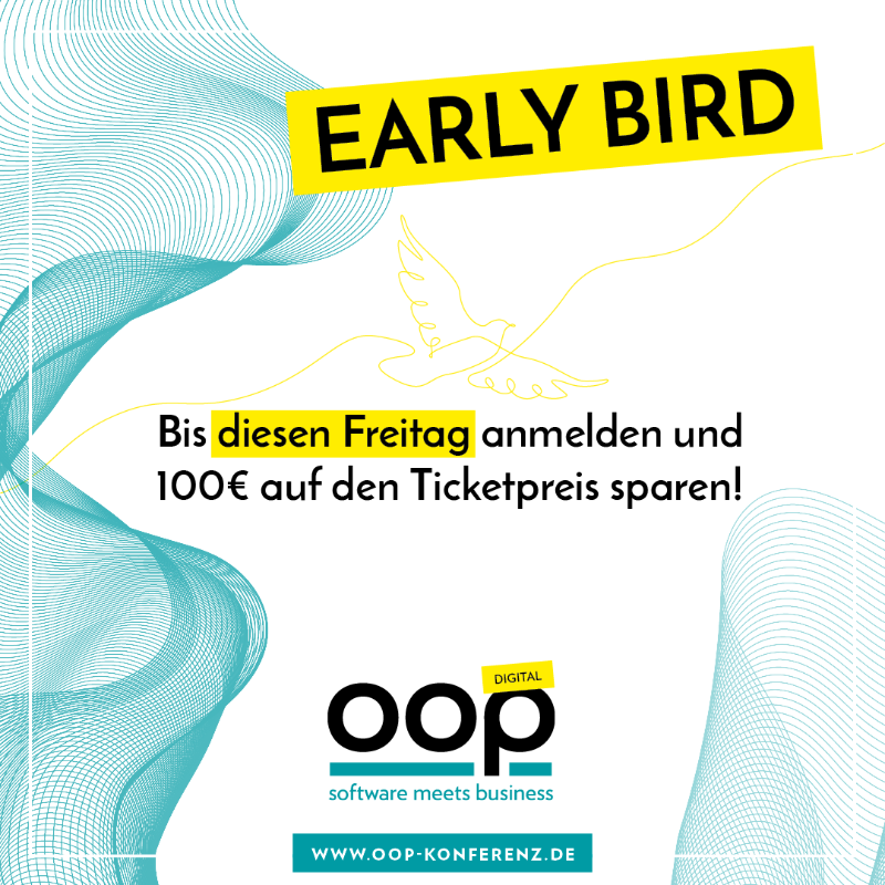 oop_conference's tweet photo. Frühbucherpreise nur noch bis diesen Freitag!
Sichern Sie sich jetzt noch das günstigste Ticket für Ihre berufliche Weiterbildung auf der digitalen Konferenz für #SoftwareArchitektur und starten Sie in diesem Jahr durch. #OOPdigital #OOP