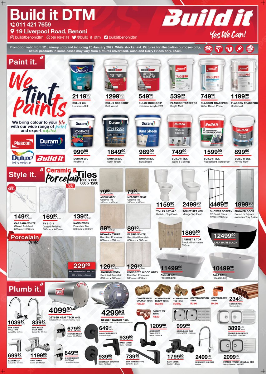 builditbenoni's tweet photo. Build It DTM Promotion valid till 25 January- 19 Liverpool Road, Benoni. Tel: 011 421 7659 WhatsApp: 068 106 6179 #sale #tiles #homedecor #porcelaintiles #paint #pvcceiling #ceramictiles #special #specials #specialoffer #pine #hardwarestore #hardware #hardwareshop #tools #timber https://t.co/FCPuPp5753