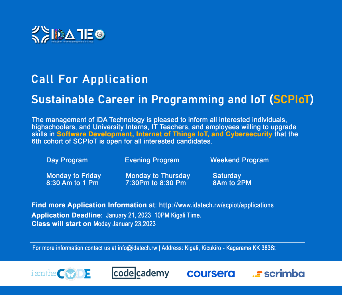 ida_technology's tweet photo. Dear community members it is such a great honor to announce the 6th cohort of SCPIoT program! Dear high schoolers, university interns, individuals, IT teachers and employees this is your time to upgrade your skills in #softwaredevelopment, #InternetOfThings and #Cybersecurity. https://t.co/JSrMWn2juc