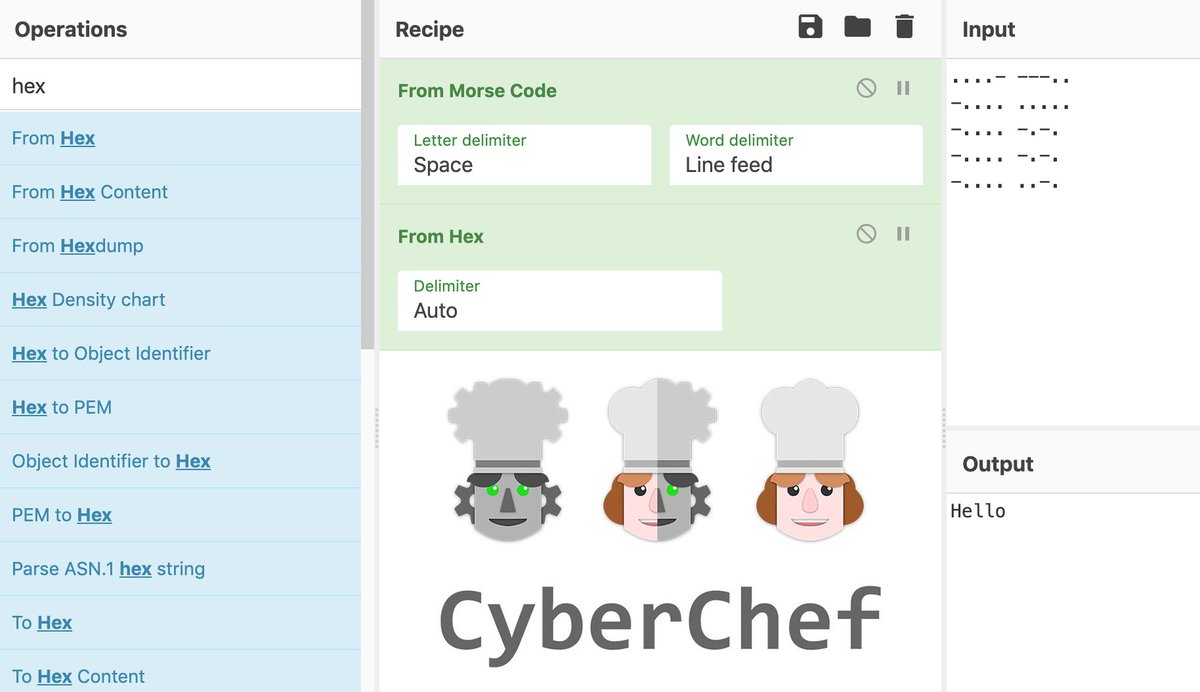 GCHQ's tweet photo. From Hex and Morse code to compression of data, #CyberChef has all the tools you need to manipulate data exactly as you need.

Explore CyberChef for yourself ➡️ https://t.co/OxLcQQbePa https://t.co/waei38qNSt