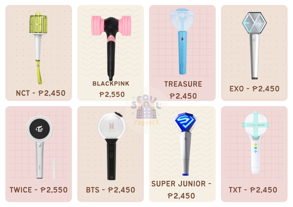 seoulshopper7's tweet photo. Available Lightstick (Onhand and In-Transit) #BTS #NCT #Blackpink #Treasure #Exo #Twice #SuperJunior #TXT #MOTSSE #Nachimbong #Hammerbong #Teulight #Eribong #Candybong #Sujubong #Moabong https://t.co/EywrvzEbeH