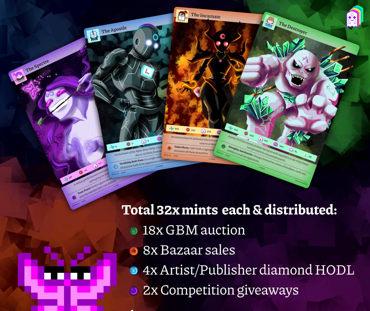 SlickGotchi's tweet photo. The Destroyer, Incarnate, Apostle and Spectre are now ready for minting! Kept number of each nice and low at 32. Can you collect all 4??? First 16 #gotchigang to like and quote retweet this post with their favourite of the 4 go in the draw to win their favourite! https://t.co/T1fELpGjcM
