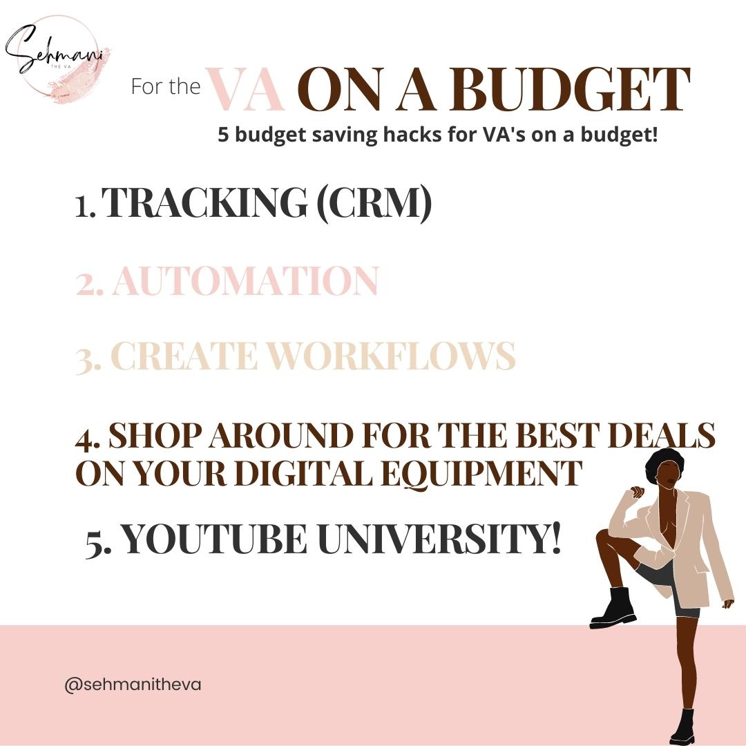 Sehmanitheva's tweet photo. The budget needs to be budgeting for 2023! 

Use these 5 hacks on saving that coin while you are running your VA business. 

Connect with me today for all of your VA mentorship needs. 

 #VAMentor#VAchronicles #LiveofaVA #Blackvirtualassistant #virtualassistant #entrepreneur https://t.co/mVa0b9NFCx