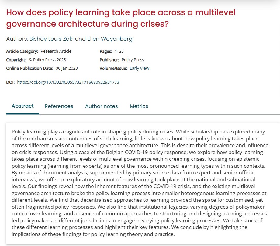 Great way to start 2023! Our article "How does #policylearning take place across a multilevel governance architecture during crises?" with <a href="/EllenWayenberg/">Ellen Wayenberg</a> <a href="/GovPA_UGent/">Gov & PA Ghent University</a> @ResearchUgent is now published at <a href="/policy_politics/">Policy & Politics</a> #PublicAdministration #PublicPolicy

bristoluniversitypressdigital.com/view/journals/…