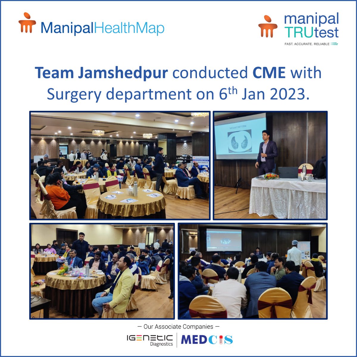 On the 6th of January, MGM Hospital in Jamshedpur held a #ContinuingMedicalEducation seminar which esteemed members from the #SurgeryDepartment attended. #CTScan clinical cases presented by centre Radiologist Dr Vishnu Dutt Gautam.

#ManipalTRUtest #Radiology #Jamshedpur #Xray