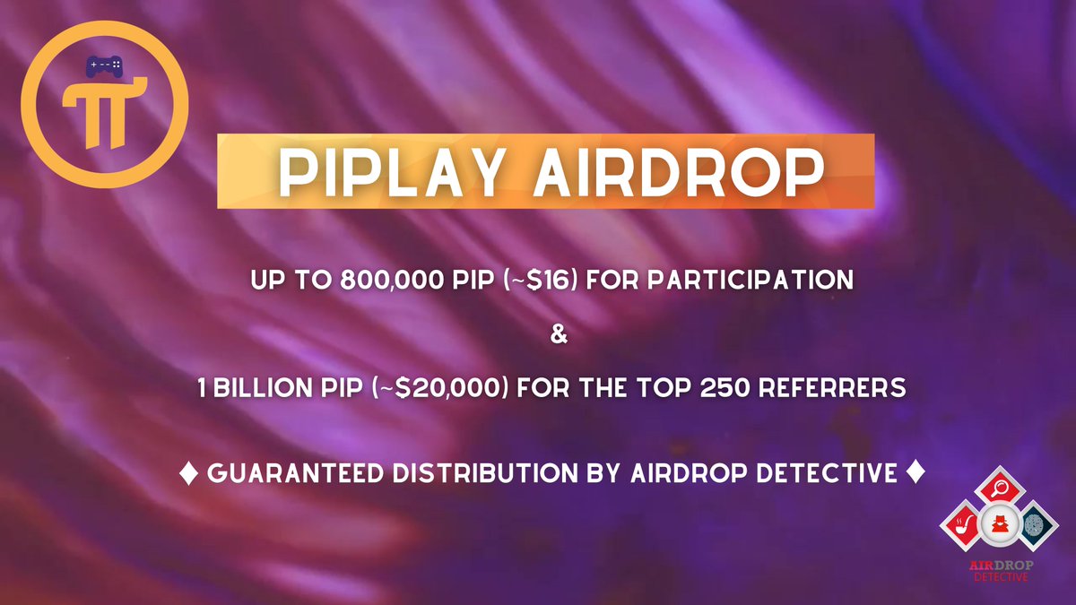 🔍 PiPlay #Airdrop 🏆Airdrop Pool: 5 B PIP [~$100,000] ✔️ Guaranteed distribution by Airdrop Detective 🔴 Start the airdrop bot t.me/PiPlayAirdropB… 🔘 Do the tasks on the bot & submit your data 🔘 Details: youtu.be/kuOxDPjmx-Q #Airdrops #PiPlay #Bitcoin #AirdropDet