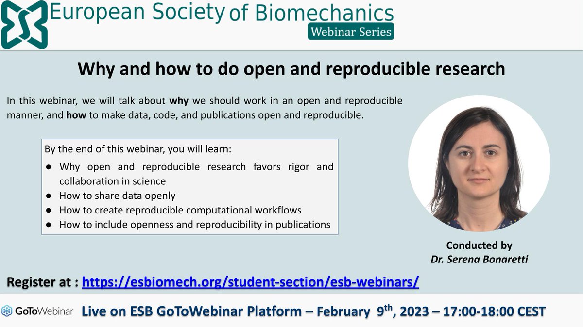 Save the date for the next #ESBiomech webinar! 👇

🗓️9 February 2023, 17h-18h
📢Topic: "Why and how to do open and reproducible research" by Serena Bonaretti, senior scientist at Balgrist Campus in Zurich

More info &amp; registration: esbiomech.org/student-sectio…