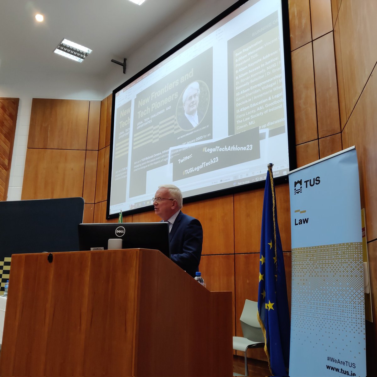 President Vincent Cunnane opening the "New Frontiers and Tech Pioneers" legal technology conference . #LegalTechAthlone23 #TUSLegalTech23