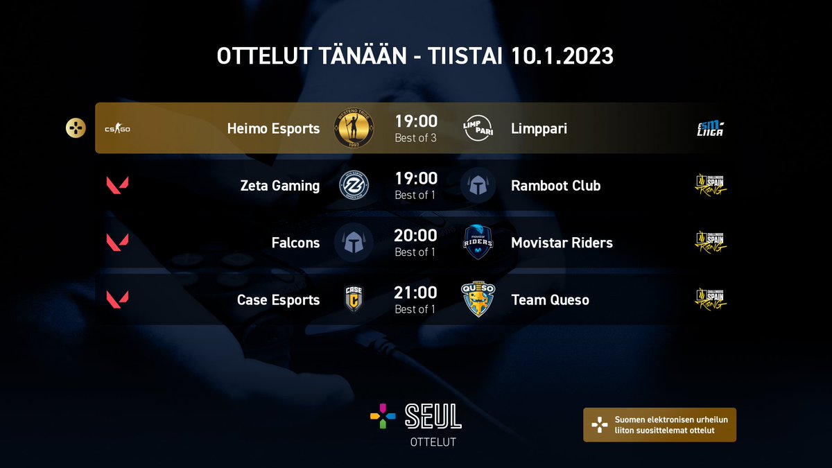 - Ottelut tänään, tiistaina 10.1.2023 -

Katso kaikki suomalaisten tulevat e-urheiluottelut osoitteesta ottelut.info!

#esportsfi #ottelut