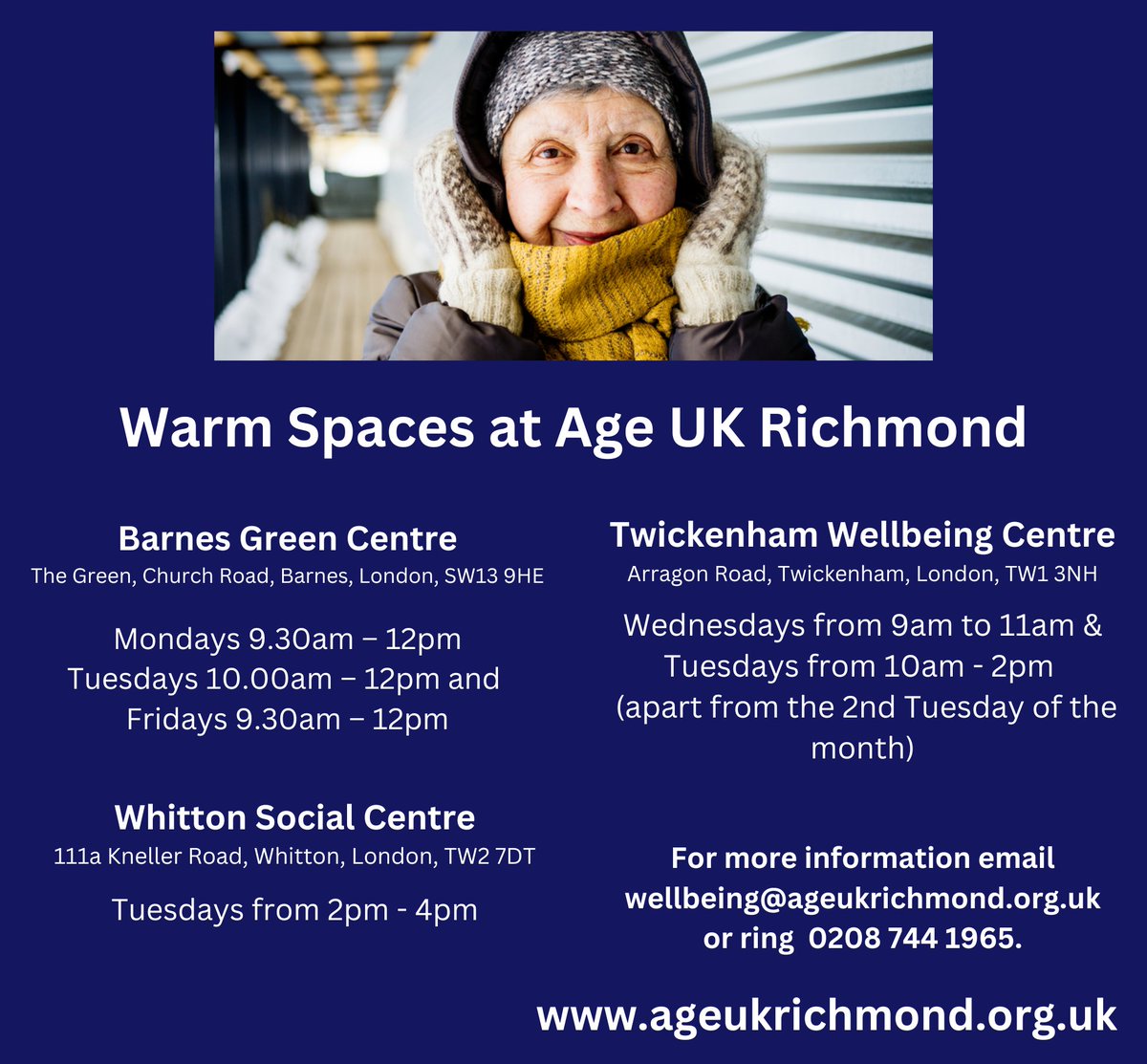 With fuel bills high, we invite you to keep warm at an Age UK Richmond Social Centre this winter. Our #warmspaces are for local over-60s living in #Richmonduponthames. We will provide puzzles, books, magazines and a hot drink on arrival ☕

@LBRUT