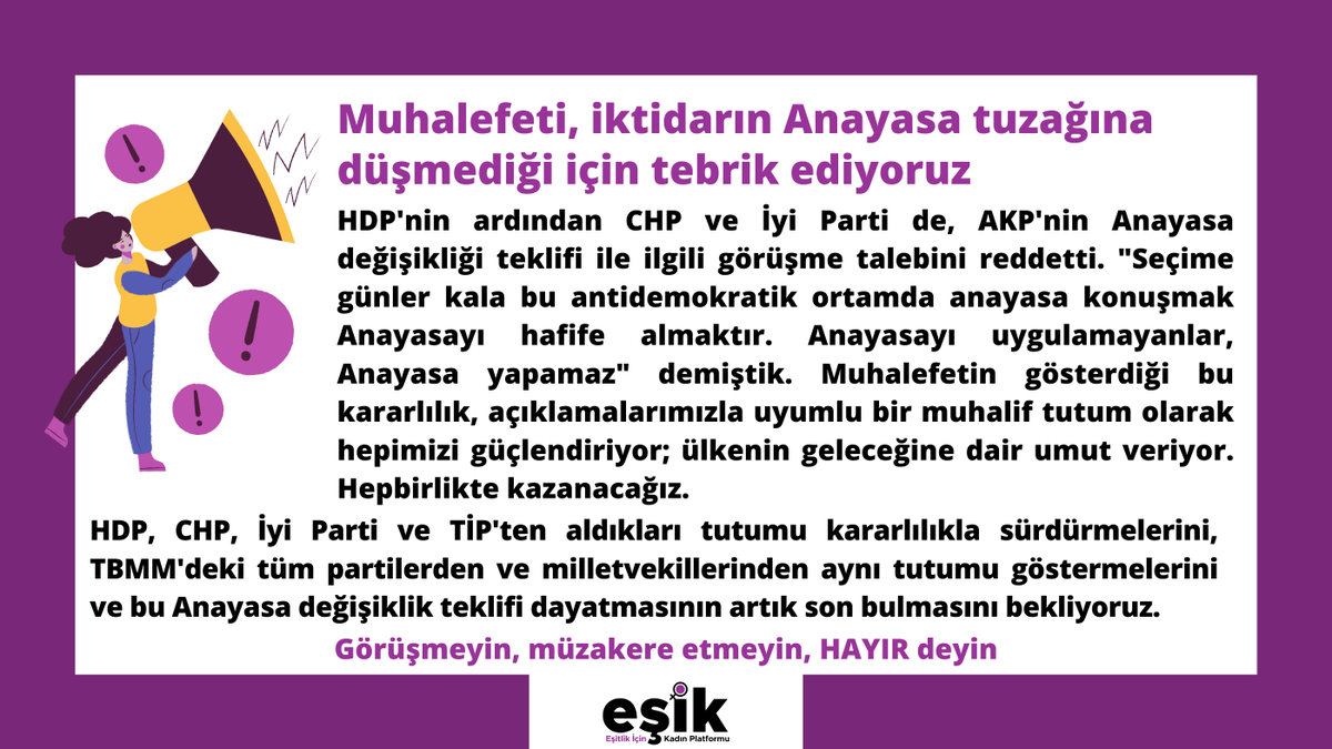 📢HDP'nin ardından CHP ve İyi Parti'den de red geldi! Muhalefeti, açıklamalarımızla uyumlu tutumları ve iktidarın anayasa tuzağına düşmedikleri için tebrik ediyoruz 👏🏾Bu kararlılık hepimizi güçlendiriyor. Anayasayı uygulamayanlar, Anayasa yapamazlar #TartışmasızHAYIR