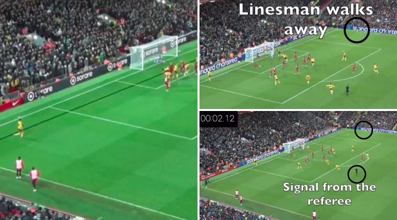 sportbible's tweet photo. Shocking new footage shows Matheus Nunes was ONSIDE vs Liverpool, ref asked linesman to rule it out. https://t.co/EbF7WKtBYv