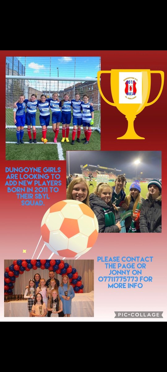 My daughter's football team #DungoyneGirls2011s is recruiting new players. If any of yous know any girls born in 2011 and live in #Dundonald #Eastbelfast #Newtownards or surrounding areas and are interested let me no. Thanks. Retweets appreciated.