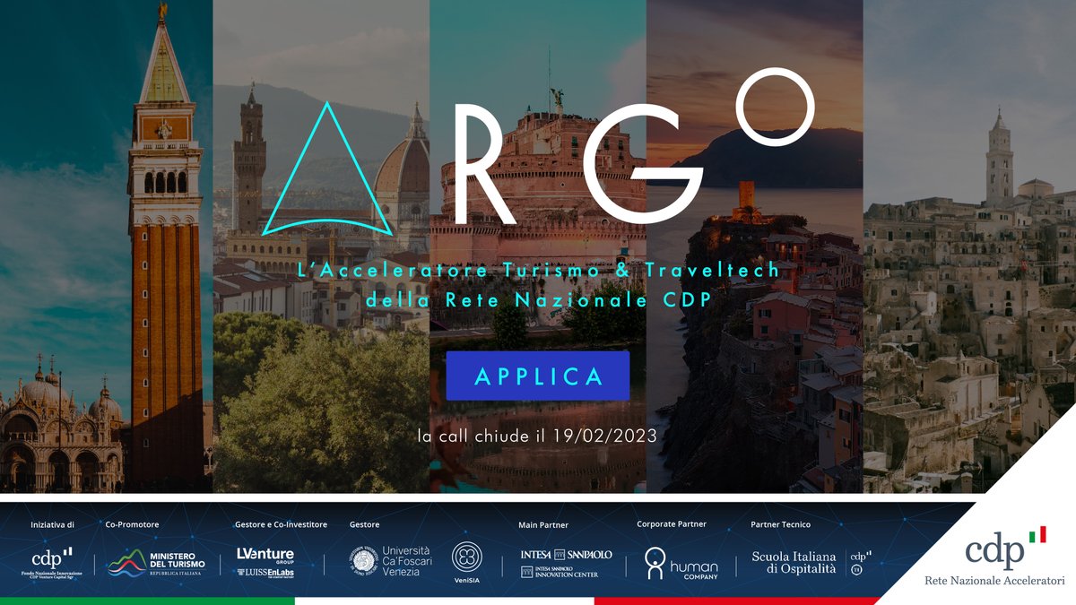 LUISSEnLabs's tweet photo. #OpenCall | Acceleriamo #startup in ambito Turismo e Ospitalità, fino a €75k. Argo è l'Acceleratore della Rete Nazionale di @CDP, nato su iniziativa di #CDPVentureCapital insieme al @MTurismoItalia.
Candidati ora ► https://t.co/tBPo0hj0wW https://t.co/zyab93xKs4