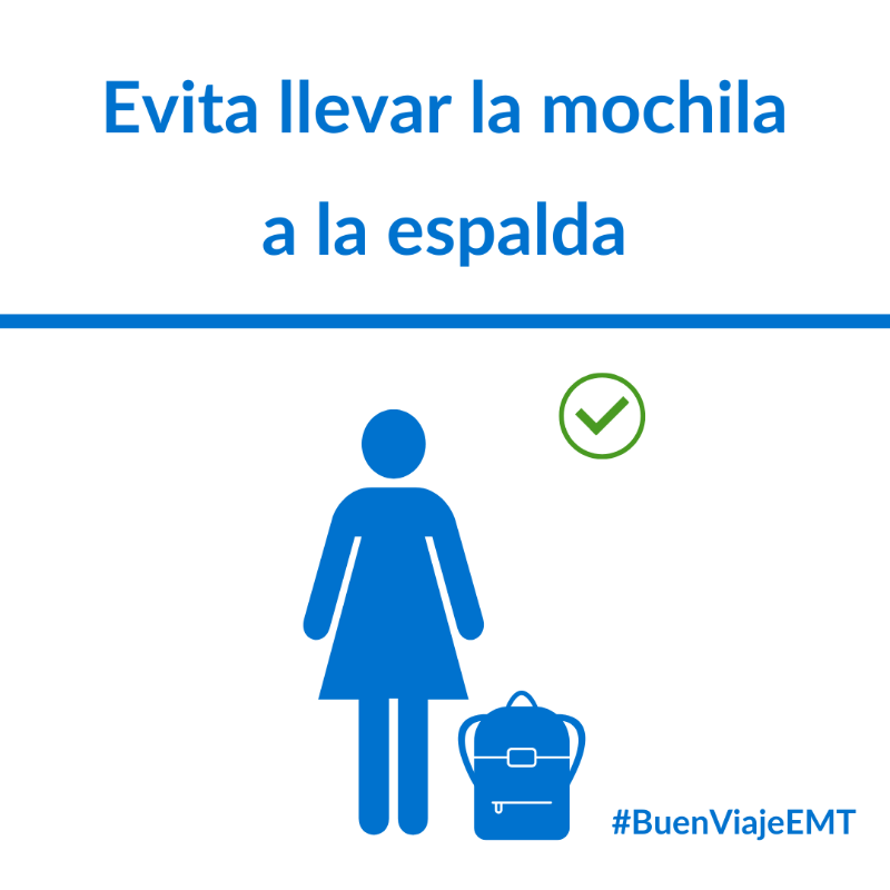 EMTmadrid's tweet photo. ✅🎒 Evita llevar la mochila a la espalda en el bus 🚌.

👉 Recuerda que compartes espacio con otros usuarios y que puedes entorpecer su paso o molestarles al moverte.

#BuenViajeEMT🚍