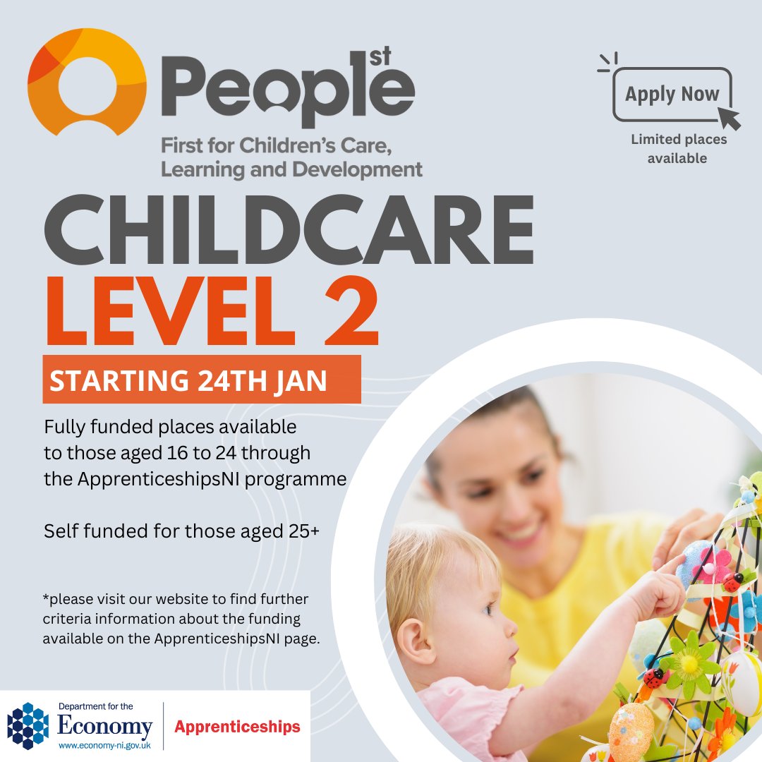 people1stni's tweet image. CHILDCARE LEVEL 2 DIPLOMA. Online classes 6.30pm-9.30pm every fortnight from 24th Jan.
Open to applicants across NI: people-1st.co.uk/.../ncfe-cache…
For any questions or to apply contact Siobhan Quinn at s.quinn@people-1st.co.uk or call Siobhan on 07747561444.
#childcare #ccld #level2nvq