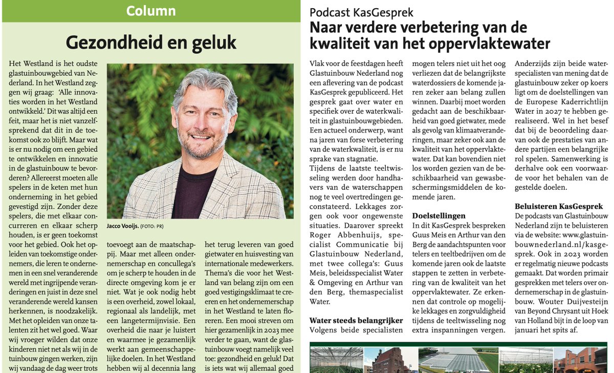 In de eerste krant van het jaar heeft <a href="/VooijsWestland/">Jacco Vooijs</a> onze column verzorgd, verder hebben wij aandacht voor de volgende #glastuinbouw onderwerpen: "Verdere verbetering van de kwaliteit van het oppervlaktewater &amp; <a href="/TJWestland/">Tuinbouw Jongeren</a> 50 jaar jong". Nieuwsgierig?bit.ly/3CDdACJ