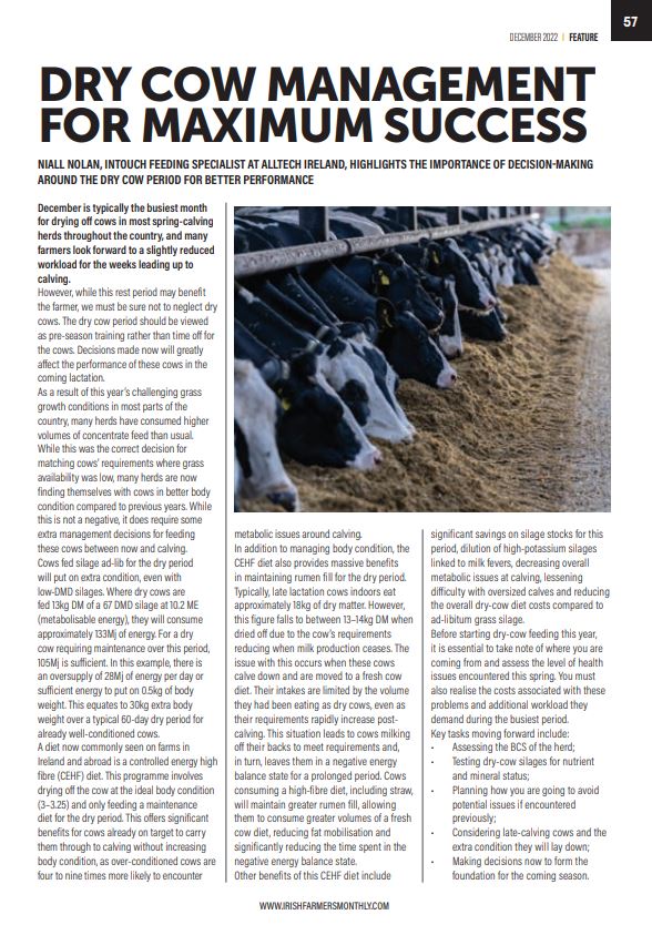 <a href="/NiallNolan10/">Niall Nolan</a>, InTouch Feeding Specialist discusses how having a successful dry period, through management practices, can lead to peak herd performance, in the latest edition of <a href="/FarmersMonthly/">IFM magazine</a> Magazine🐄

Have a read👉📰bit.ly/3itVPPk